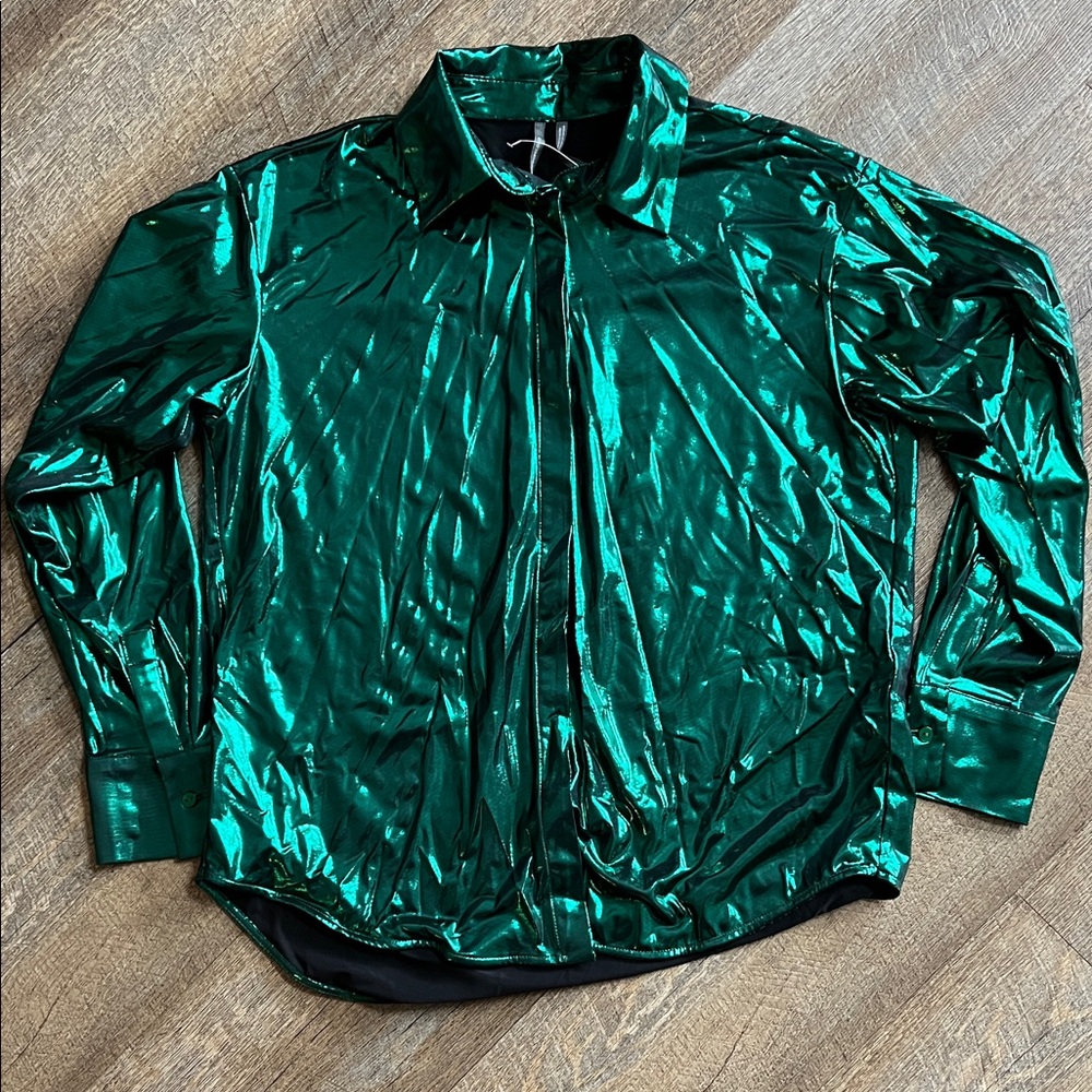 Anthropologie Shimmering Green Button Down Shirt